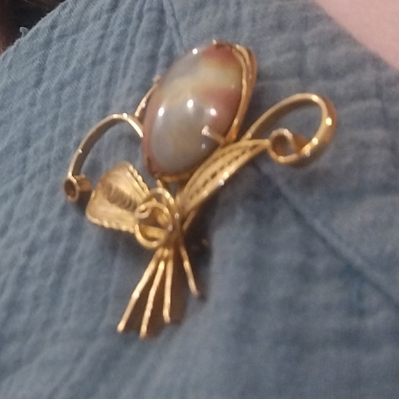 Vintage 10k Gold Filigree Crazy Lace Agate Floral Brooch - Picture 6 of 8